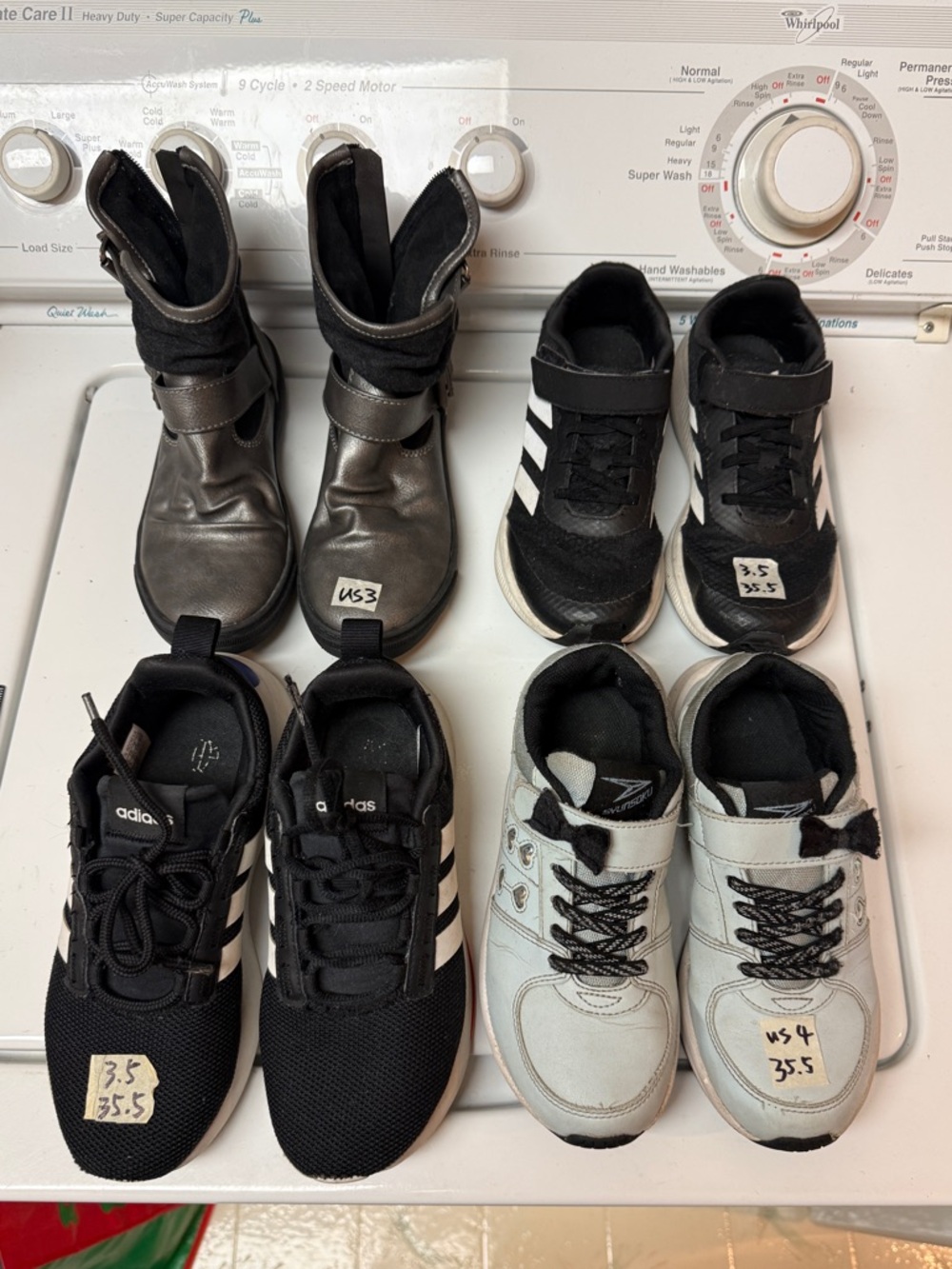 4 pairs Kids shoes bundle Black White grey boots Sneakers adidas blowfish US3-4